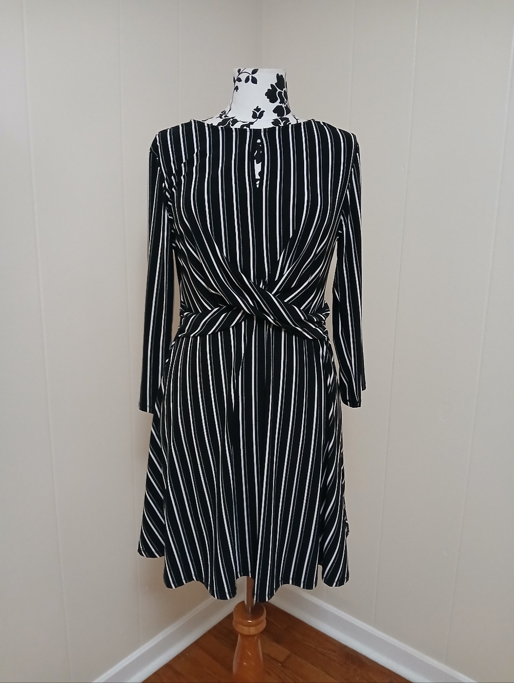 As U Wish Black and White Striped Long-Sleeve Twist-Waist Dress